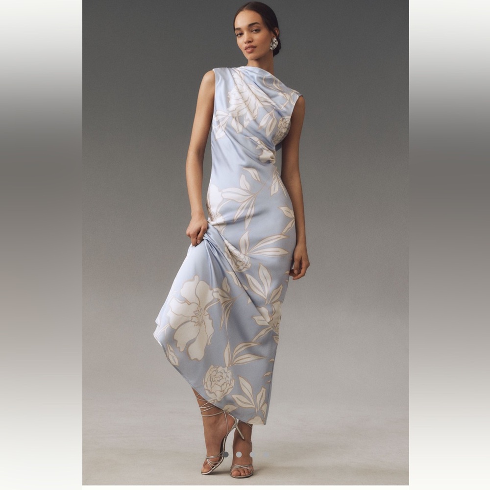 Asymmetric One-Shoulder Light Blue Floral Dress